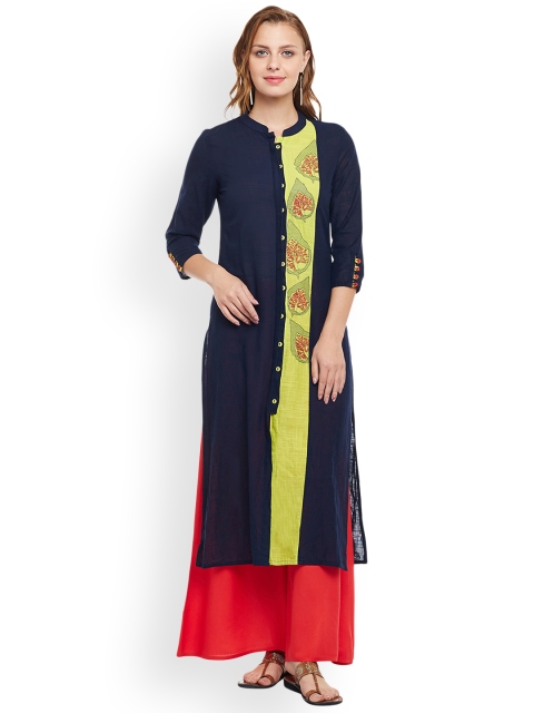

ANAISA Women Navy Blue Embroidered Straight Kurta