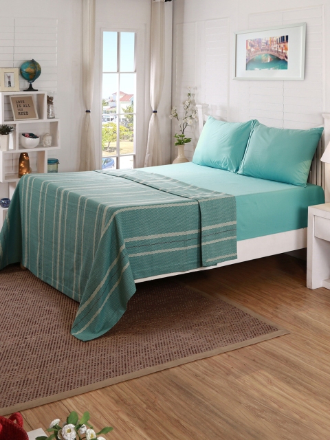 

MASPAR Turquoise Blue & Beige Striped Double-Queen Size Bed Cover