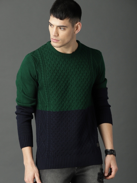 

Roadster Men Green & Navy Blue Colourblocked Pullover