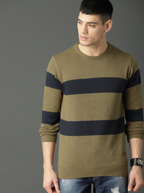 

Roadster Men Olive Green & Navy Blue Striped Pullover