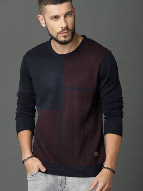 

Roadster Men Navy Blue Colourblocked Pullover