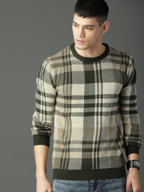 

Roadster Men Cream-Coloured & Green Checked Pullover Sweater