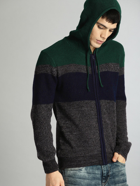 

Roadster Men Grey & Green Colourblocked Front-Open