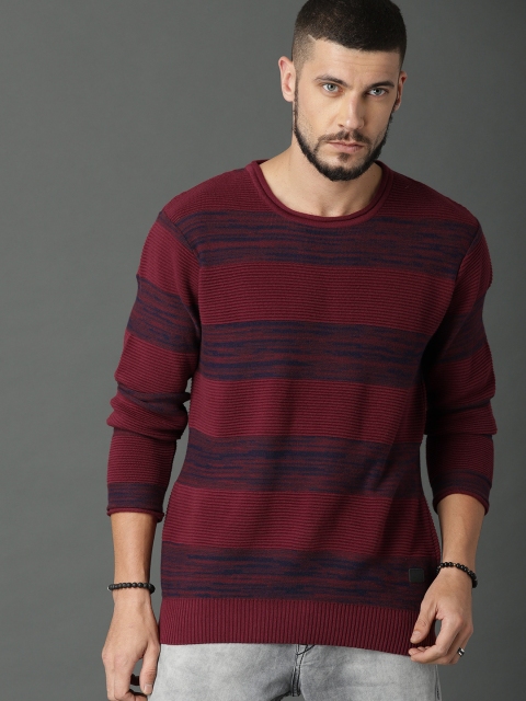 

Roadster Men Maroon & Navy Blue Striped Pullover