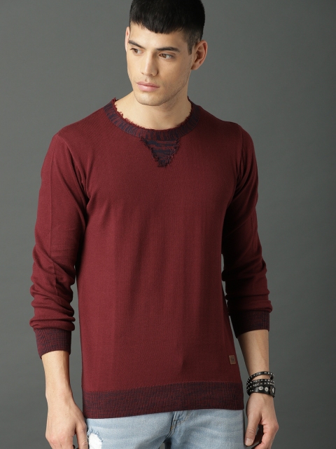 

Roadster Men Burgundy Solid Pullover