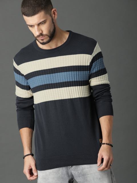 

Roadster Men Navy Blue Striped Pullover