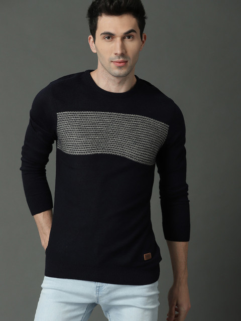 

Roadster Men Navy Blue Solid Sweater