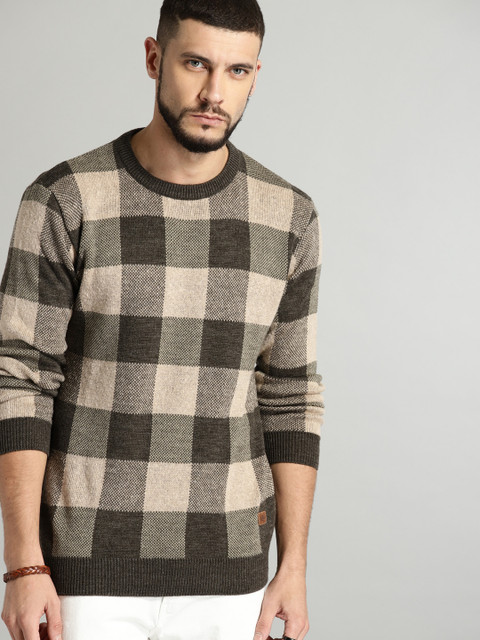 

Roadster Men Brown & Beige Checked Pullover