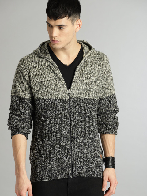 

Roadster Men Charcoal Grey Colourblocked Hooded Cardigan