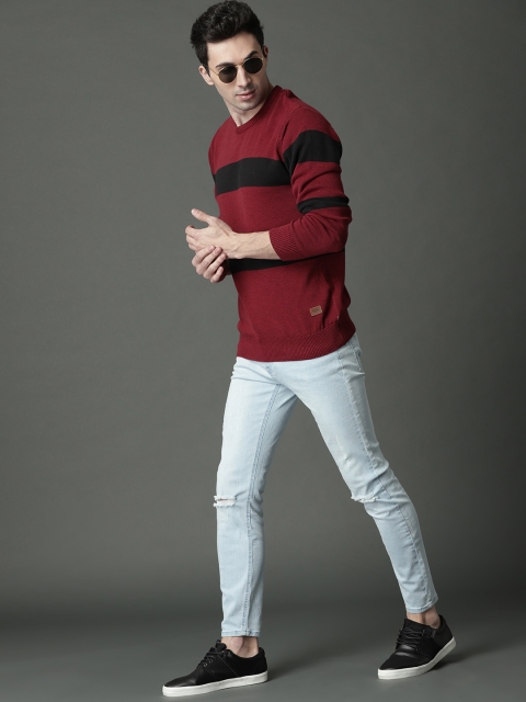 

Roadster Men Maroon & Black Striped Sweater