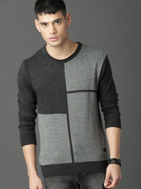 

Roadster Men Charcoal Self Design Pullover