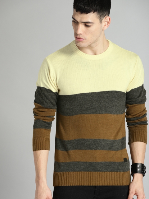 

Roadster Men Cream-Coloured & Brown Colourblocked Pullover