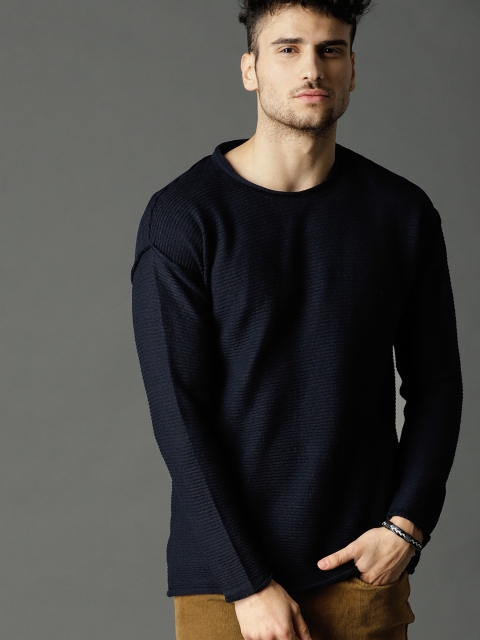 

Roadster Men Navy Blue Self-Striped Pullover