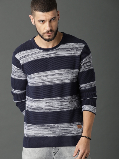

Roadster Men Navy Blue & Off-White Striped Pullover