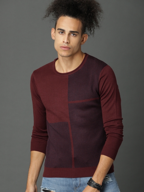 

Roadster Men Burgundy Colourblocked Pullover