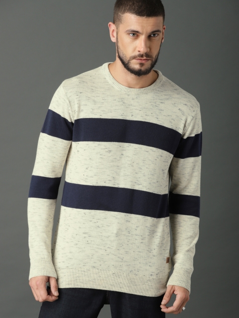 

Roadster Men Beige & Navy Blue Striped Pullover Sweater