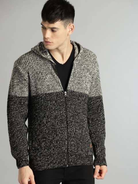 

Roadster Men Navy Blue & Grey Colourblocked Hooded Cardigan