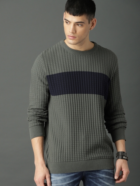 

Roadster Men Grey & Navy Blue Self-Design Pullover Sweater