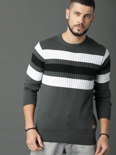 

Roadster Men Charcoal Grey & White Striped Pullover