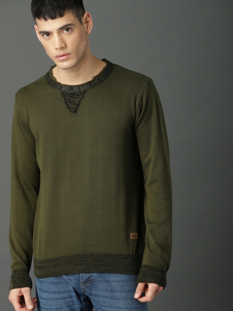 

Roadster Men Olive Green Solid Pullover Sweater