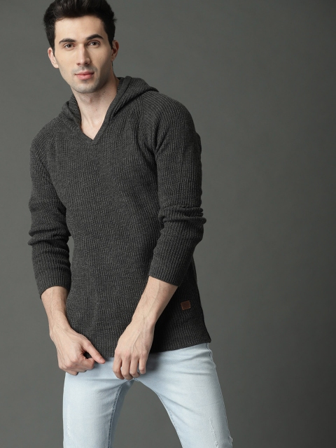 

Roadster Men Charcoal Grey Hooded Solid Sweater