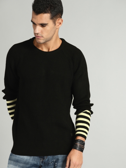

Roadster Men Black Striped Pullover