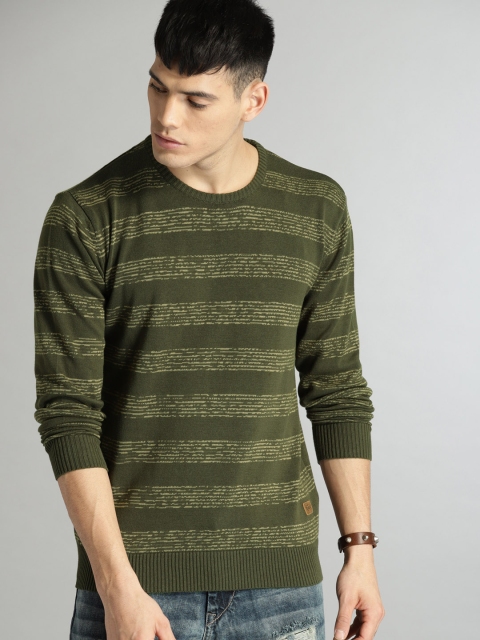 

Roadster Men Olive Green Striped Pullover