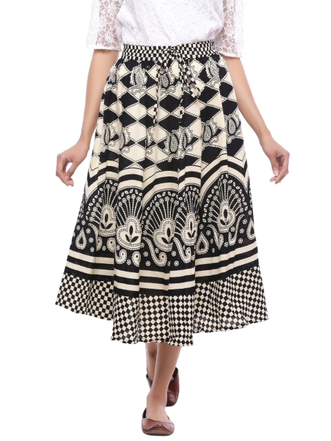 

SOUNDARYA Cream & Black Ethnic Print Midi Skirt