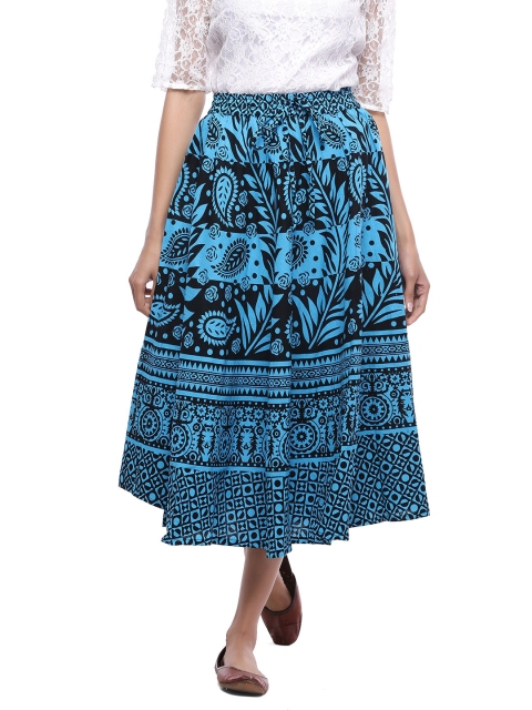 

SOUNDARYA Blue & Black Floral Print Midi Skirt
