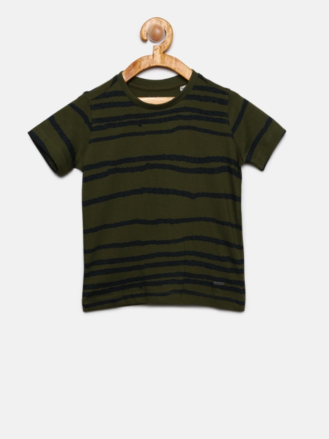 

Allen Solly Junior Boys Olive Green & Black Striped Round Neck T-shirt