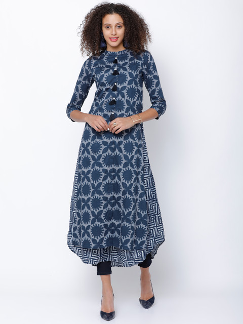 

Vishudh Women Blue Printed Batik A-Line Kurta