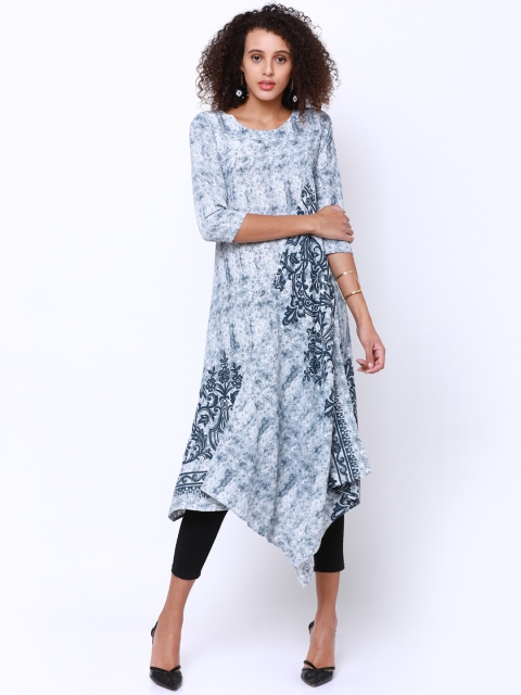 

Vishudh Women Grey & White Printed A-Line Asymmetric Kurta