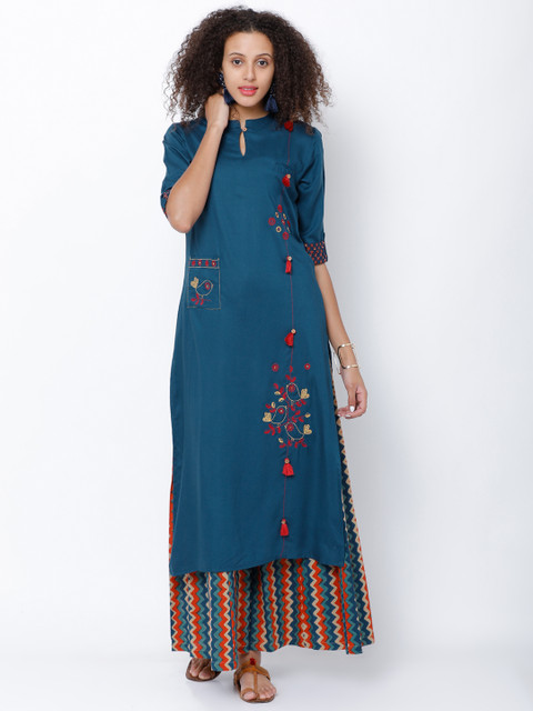 

Vishudh Women Teal Blue Embroidered Straight Kurta
