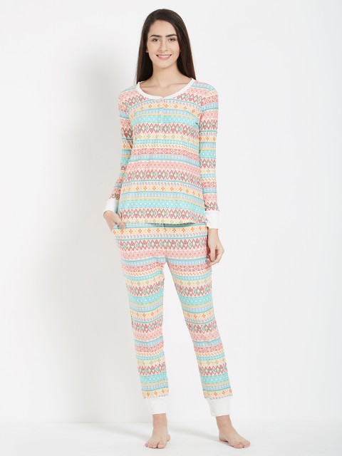 

Mystere Paris White & Blue Printed Lounge Set