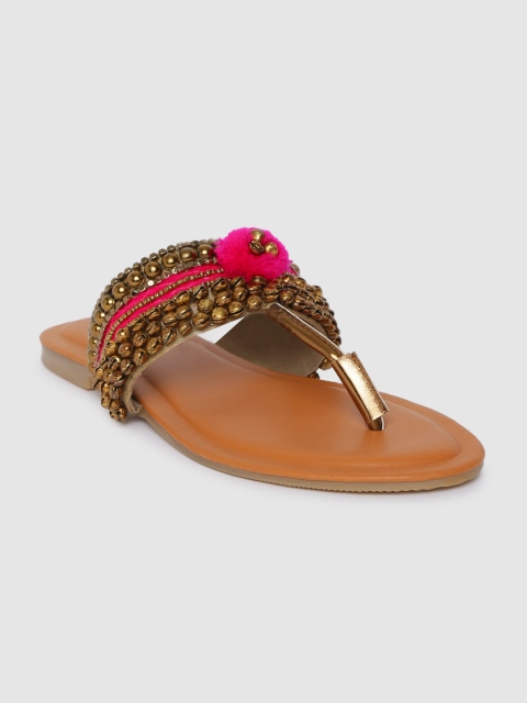

Anouk Women Gold-Toned & Pink Embellished T-Strap Flats