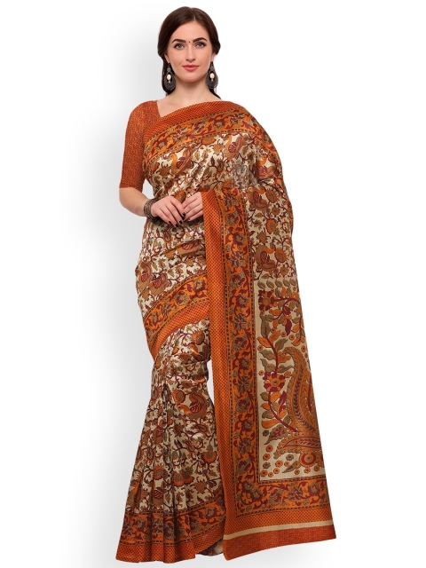 

Blissta Cream-Coloured & Orange Art Silk Printed Mysore Silk Saree