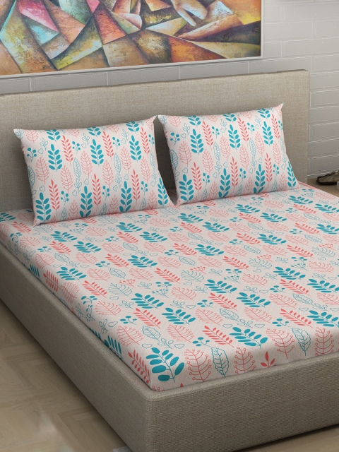 

Divine Casa Nude-Coloured & Turquoise Blue Floral 180 TC Cotton Extra Large Bedsheet