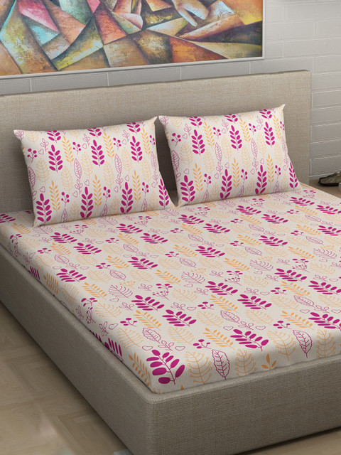 

Divine Casa Peach-Coloured & Maroon Floral Flat 180 TC Cotton 1 Extra Large Bedsheet with 2 Pillow Covers