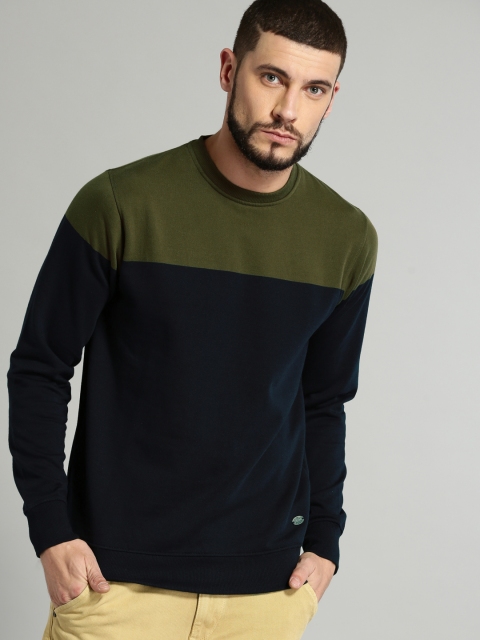 

Roadster Men Olive Green & Navy Blue Colourblocked Sweatshirt