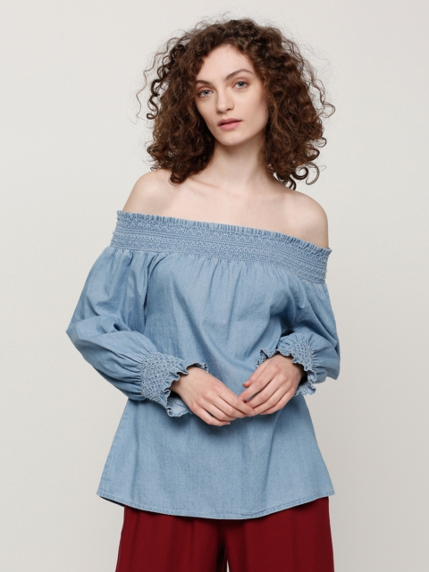 

Splash Women Blue Solid Chambray Bardot Top