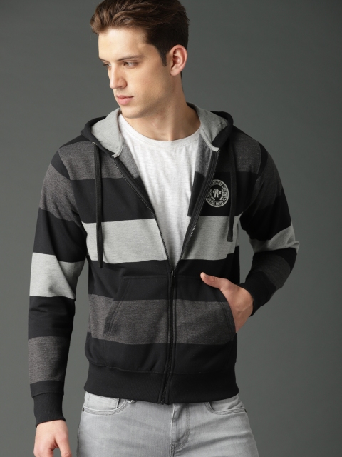 

Roadster Men Black & Grey Striped Hooded Sweatshirt