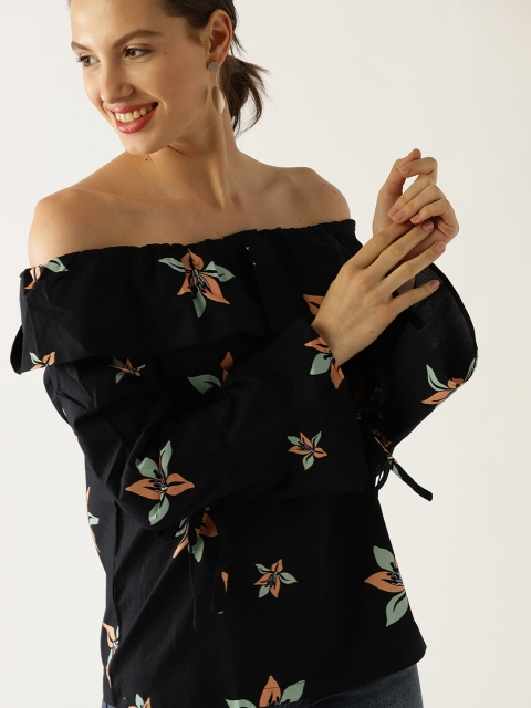

United Colors of Benetton Women Navy Blue Printed Bardot Top