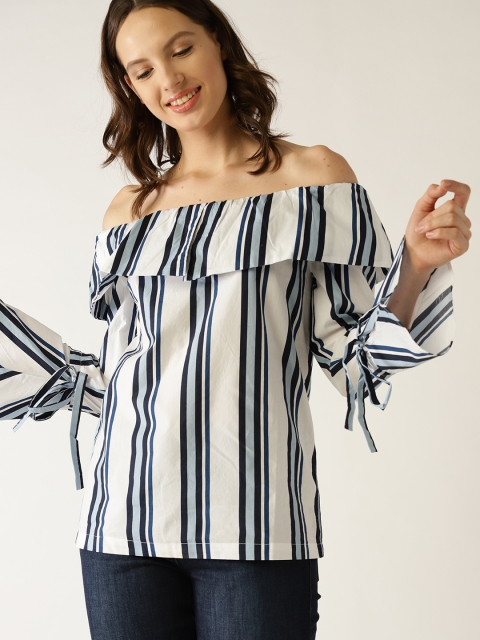 

United Colors of Benetton Women White & Navy Striped Bardot Top