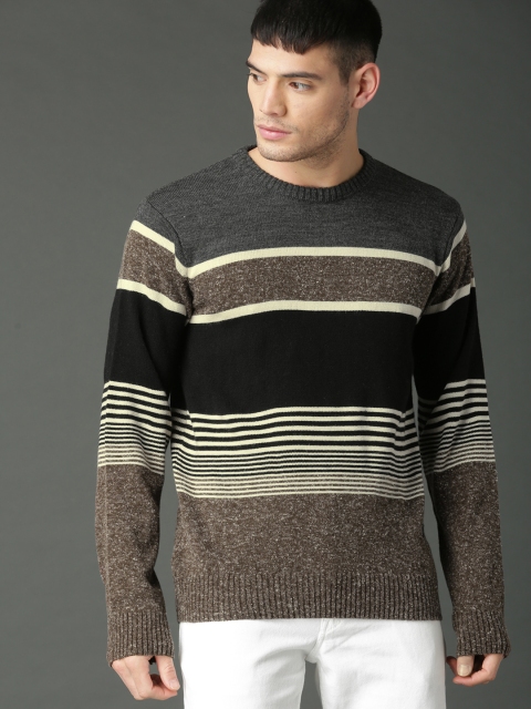 

Roadster Men Grey & Black Striped Sweater