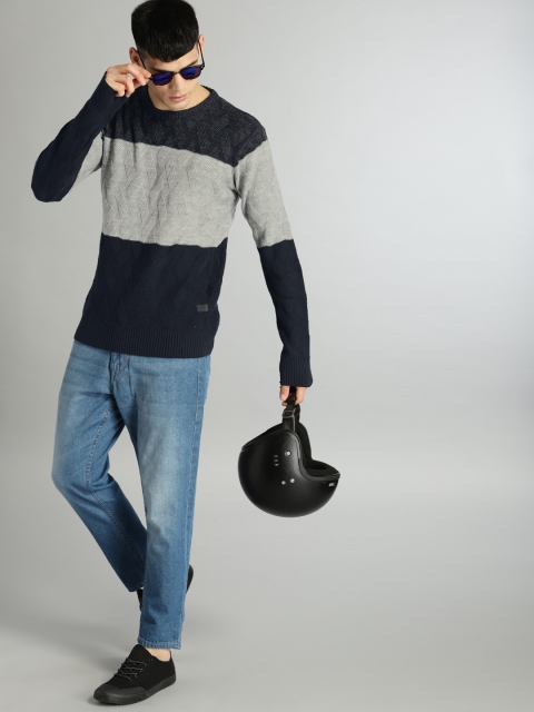 

Roadster Men Grey & Navy Blue Colourblocked Pullover