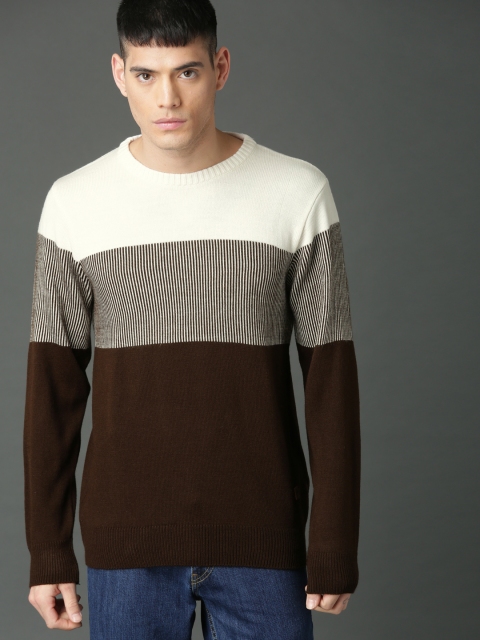 

Roadster Men White & Brown Colourblocked Pullover