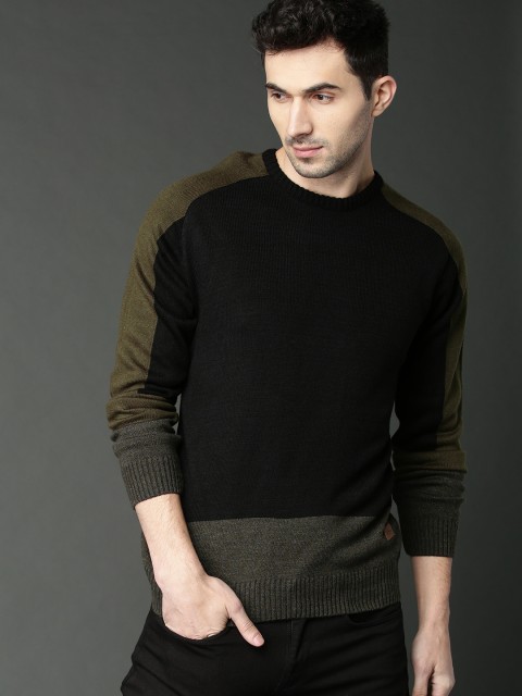 

Roadster Men Black & Olive Green Colourblocked Pullover