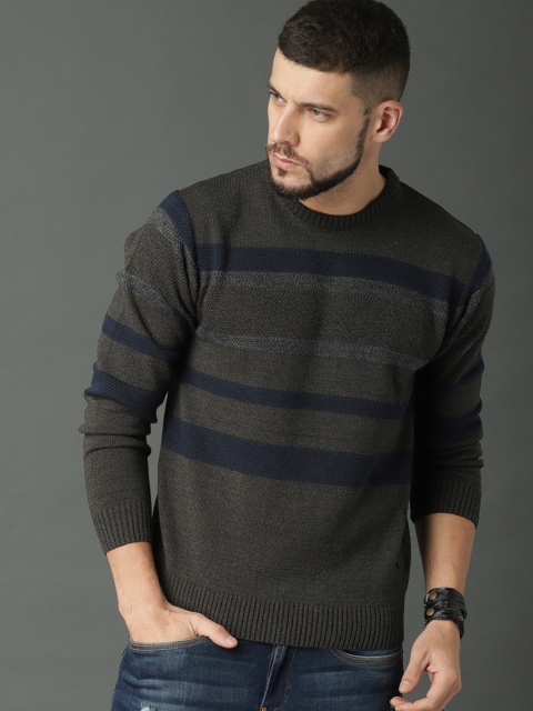 

Roadster Men Olive Green & Grey Striped Pullover