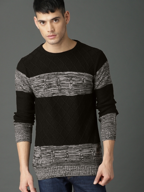 

Roadster Men Black & Grey Self-Design Pullover Sweater