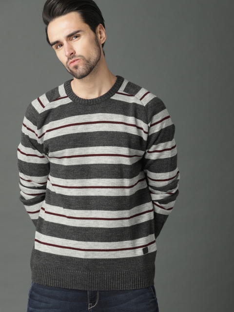 

Roadster Men Grey Striped Pullover